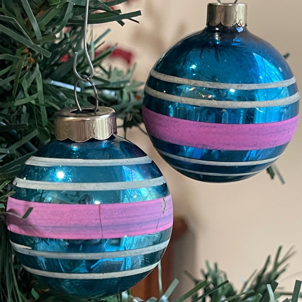 Vintage Shiny Brite Striped Glass Christmas Ornament - Set of 2